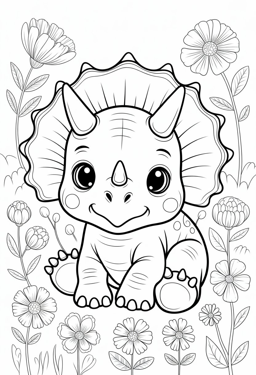 Cute Dinosaur Coloring Pages for Kids: 20 Fun and Easy Designs 25 A baby Triceratops sitting among flowers.